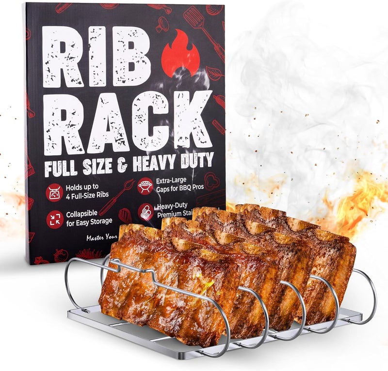 SHIZZO Rib Rack for Smoking & Grilling, Holds up to 4 Full Racks of Ribs, Foldable Design, Fits Large Gas Smoker or Charcoal Grill, Perfect BBQ Accessory, Smoker Accessories, Gifts for Men, Father - Image 1